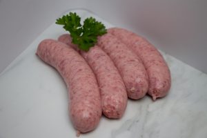 Beef thick sausages on display.